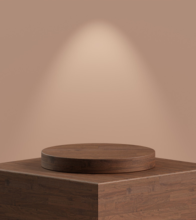 Modern 3d podium minimal wood display background with empty wooden beauty product design mockup banner or blank cosmetic presentation showcase stage natural advertising pedestal round step stand.