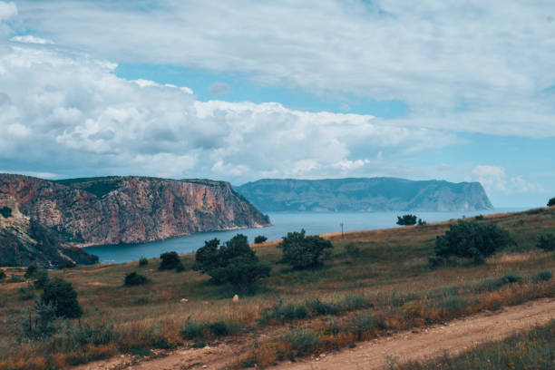 Clay cliffs above the sea covered by dry grass. Calm sea under blue sky.
