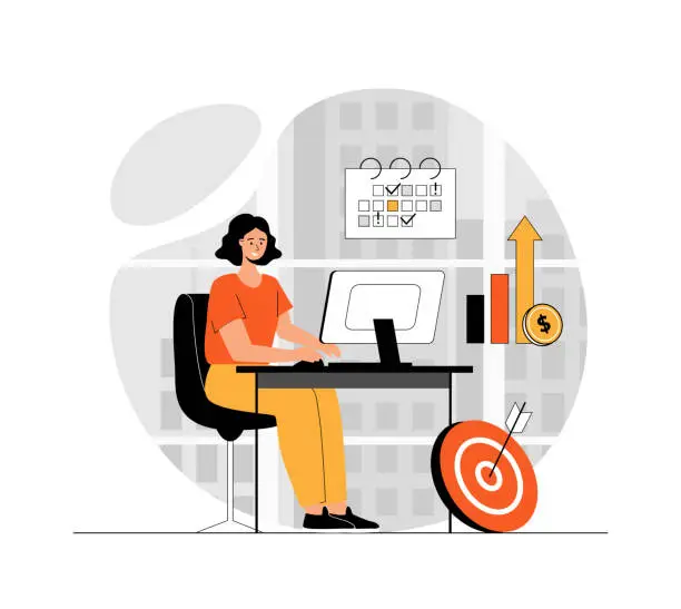 Vector illustration of Business planning. Woman write a project tasks or schedule, creates strategy and invests. Illustration with people scene in flat design for website and mobile development.