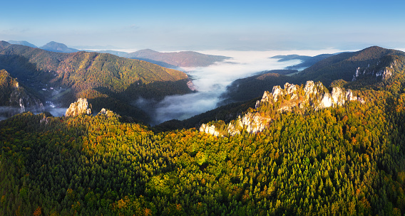 Amazing drone mountain panorama landscape at surise. natural outdoor travel  background. Beauty world. Slovakia - Sulov