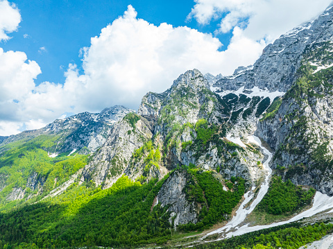 Logar Valley (Logarska dolina) in the Kamnik Savinja Alps in Slovenia during a beautiful springtime day with the Rinka Falls.
