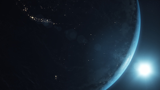 3d Render The planet Earth is accompanied by lens flare appearing from space, Night View, Textures from https://visibleearth.nasa.gov (close-up)