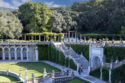 Trieste, Italy - September 26, 2023: Garden architecture of Miramare Park. There is a great park around Miramare Castle located directly on the Gulf of Trieste of the Adriatic Sea