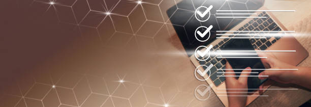 istock Survey form, check marks on checklist, document control, filling online form and answering questions, business project concept 1992041924