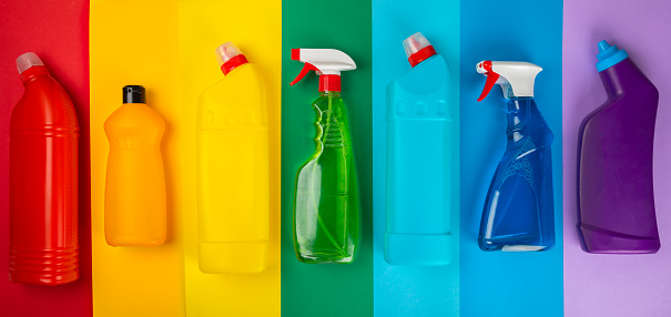 Cleaning service concept.Home cleaning product on  background. Bucket with household chemicals. cleaning supplies for home or office space.Early spring regular cleaning. Copy space
