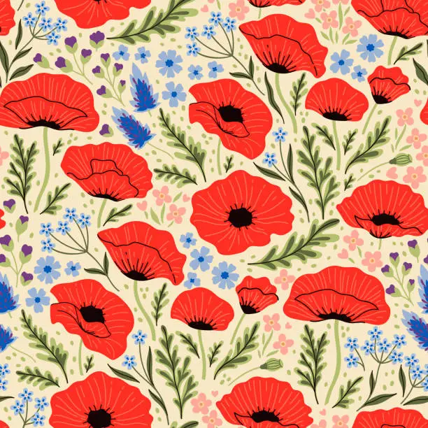 Vector illustration of Seamless pattern with summer poppy field flowers. Vector graphics.