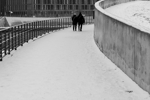 Germany, Berlin, January 18, 2024 - Rear view of two persons on footpath at winter time, Berlin Tiergarten