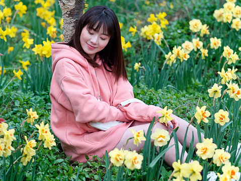 Beautiful young Chinese woman sitting in yellow daffodil flower field smiling with eyes closed. Candid peaceful moment. Emotions, people, beauty, youth and lifestyle portrait.
