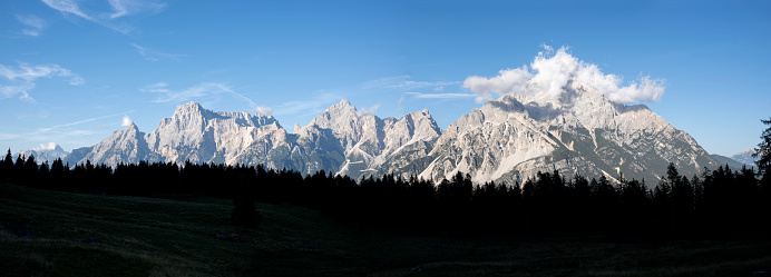 Panoramic view of the dramatic snow covered peaks of Grand Teton National Park