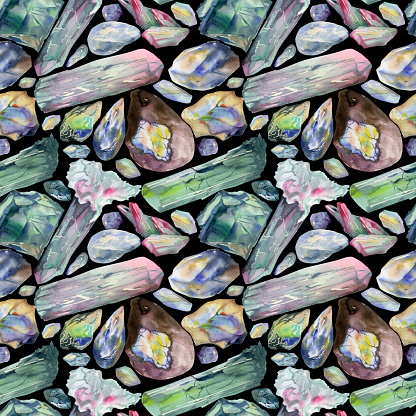 Hand drawn watercolor illustration precious semiprecious jewel gem crystal chakra birth stone. Tourmaline emerald opal. Seamless pattern isolated white background. Design shop, print, jewelry, fashion