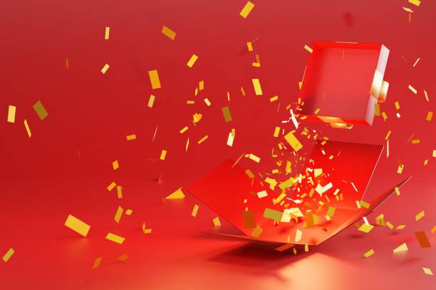 red gift box with gold ribbons bow open with confetti on red background, for valentine day, festival or celebration, 3d rendering. - gift greeting card birthday card red ストックフォトと画像