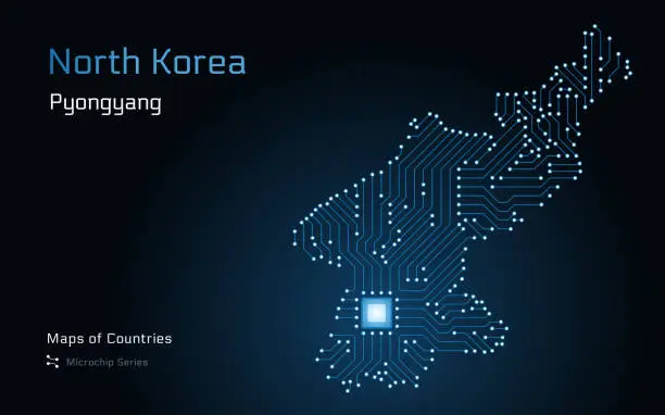 Vector illustration of North Korea Map with a capital of Pyongyang Shown in a Microchip Pattern with processor.