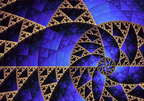 Abstract fractal art in blue and gold, based on the Sierpinski Triangle fractal, with shading that gives it a 3D effect.