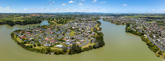 Waiuku town aerial panoramic view in Auckland, New Zealand