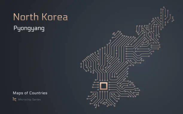 Vector illustration of North Korea Map with a capital of Pyongyang Shown in a Microchip Pattern with processor.