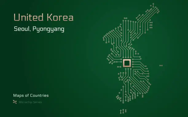 Vector illustration of United Korea, South and North Korea Map Shown in Binary Code Pattern. TSMC.