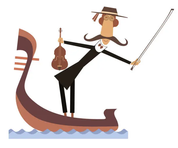 Vector illustration of Man with violin riding gondola