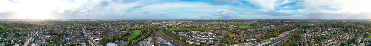 Aerial Ultra Wide Panoramic View of Hitchin, Hertfordshire, England. United Kingdom. October 28th, 2023