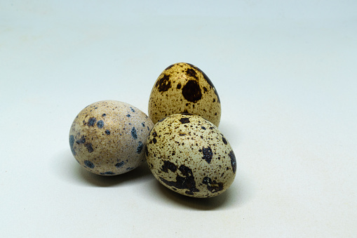 Raw quail egg and white background