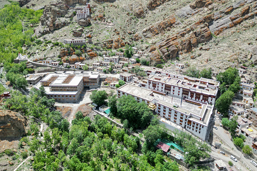 Buddhist Tibetan monasteries in Ladakh aerial view, Northern India, Himalayas, India