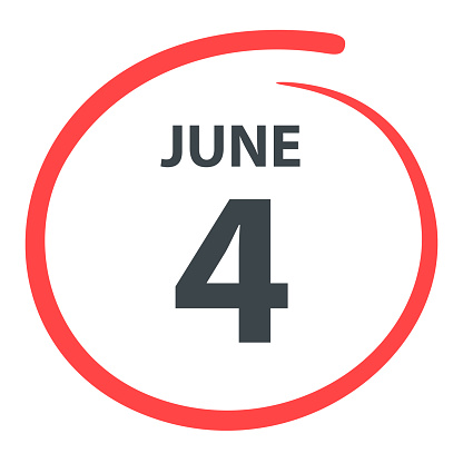 June 4. Date circled with a red color marker isolated on blank background. Vector Illustration (EPS file, well layered and grouped). Easy to edit, manipulate, resize or colorize. Vector and Jpeg file of different sizes.