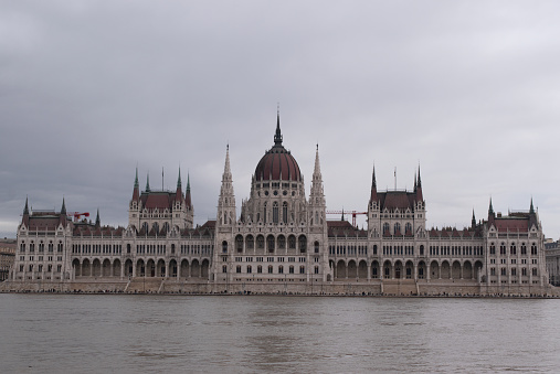 Panorama view of the famous Hungarian Parliament across the river Danube, Budapest. Toned.