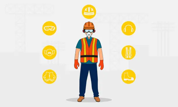 Vector illustration of Safety equipment. Worker with personal protective equipment. Vector illustration.