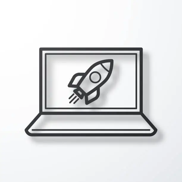 Vector illustration of Laptop with rocket. Line icon with shadow on white background