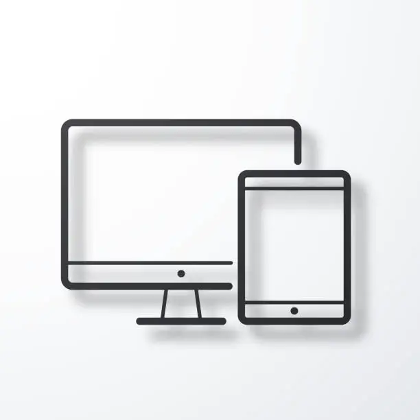 Vector illustration of Desktop computer and tablet PC. Line icon with shadow on white background