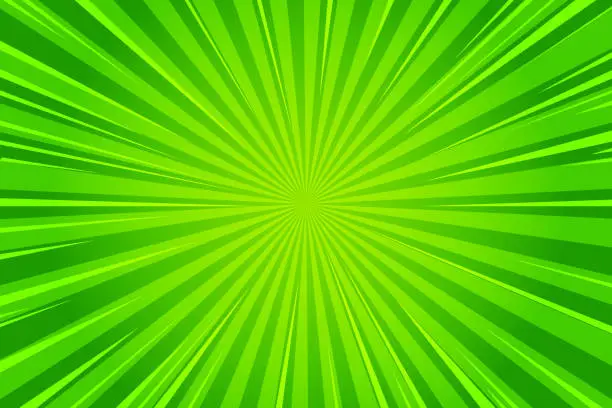 Vector illustration of Starburst cartoon comic background. Pop art pattern with radial rays effect. Vector sun light green wallpaper with halftone. Abstract anime explosion. Vintage manga backdrop