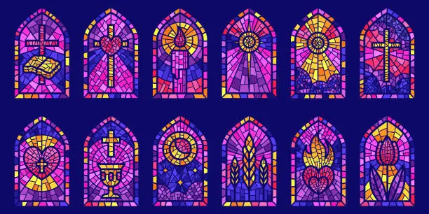 Vector illustration of Church glass windows. Stained mosaic catholic frames with cross, book and religious symbols. Vector set