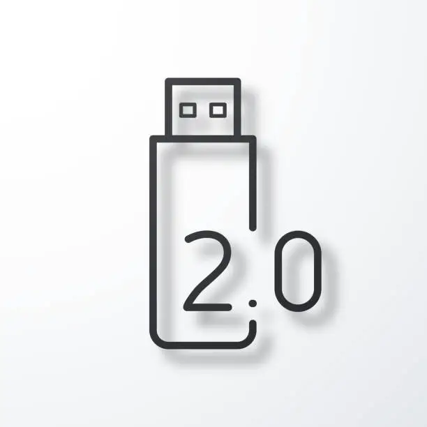 Vector illustration of USB 2.0 flash drive. Line icon with shadow on white background