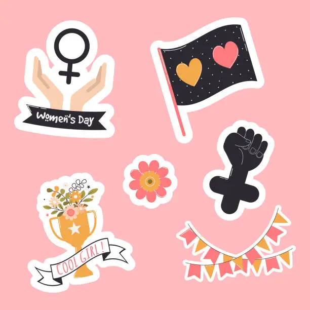 Vector illustration of Assortment of Feminist Themed Stickers Featuring Symbols of Empowerment