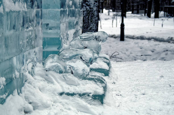Figures and buildings made of ice in a park, Moscow