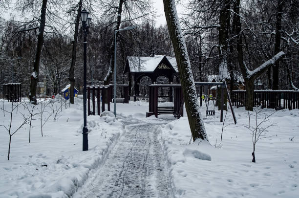 Paths in a snowy park on a cloudy day, Moscow
