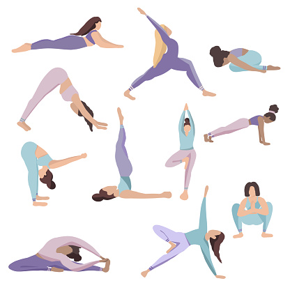 Yoga poses flat design girls character assana meditation set. Vector illustration