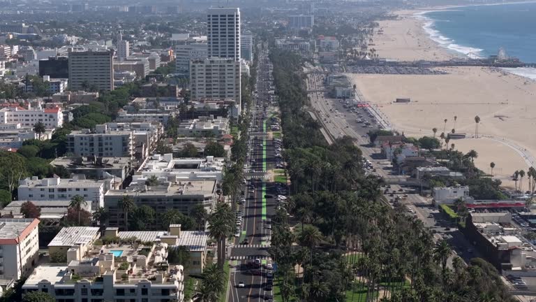 Aerial view of Ocean Avenue in Santa Monica, California, beach and pier in the distance