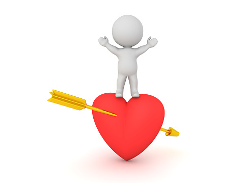 3D Character standing on top of heart with arrow through it. 3D Rendering isolated on white.