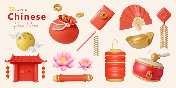 3d Chinese New Year Elements icon set. 3d rendering illustration. Clipping path..