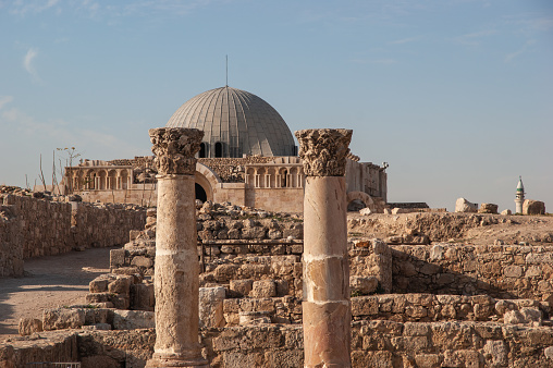 Ancient Philadelphia or present-day Amman is capital of Jordan. Citadel of Amman. Ruins of Umayyad palace Dennis or Jarvis. 