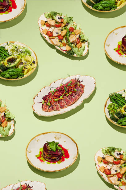 Assorted Healthy Menu Dishes on Artistic Plates, Side View. Perfect for Food Blogs and Culinary Guides