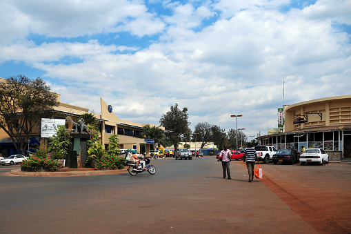 Kigali, Rwanda: city center - Independence Square, know as the Gorillas roundabout - intersection of Avenue de la République and Boulevard de la Révolution - Commercial Bank of Rwanda main branch on the left.
