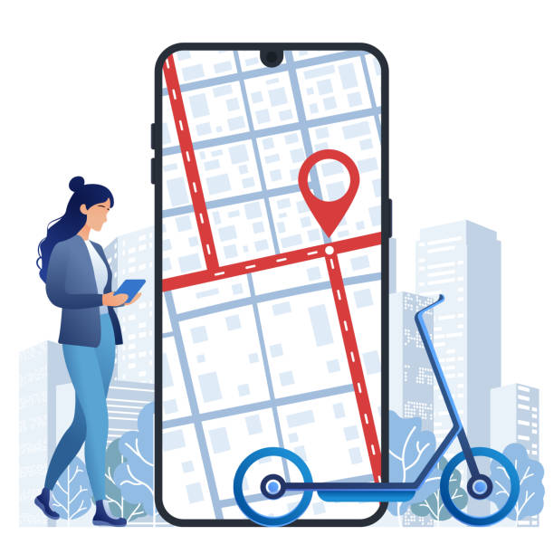 ilustrações de stock, clip art, desenhos animados e ícones de electric transport, female character standing next to giant mobile phone with city map on the screen. eco-friendly transport. vector illustration, scooter sharing parking or electric transport rental - people traveling global positioning system travel mobile phone