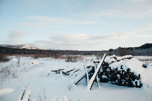 A serene winter scene with a snow-covered forest clearing, a neatly stacked pile of firewood, and misty mountains in the distance, creating a tranquil atmosphere in natures beauty.