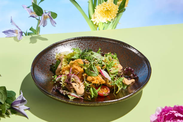 Tempura Prawn Salad with Mixed Greens and Surreal Spring Accents