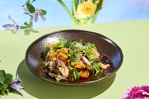 Tempura Prawn Salad with Mixed Greens and Surreal Spring Accents.