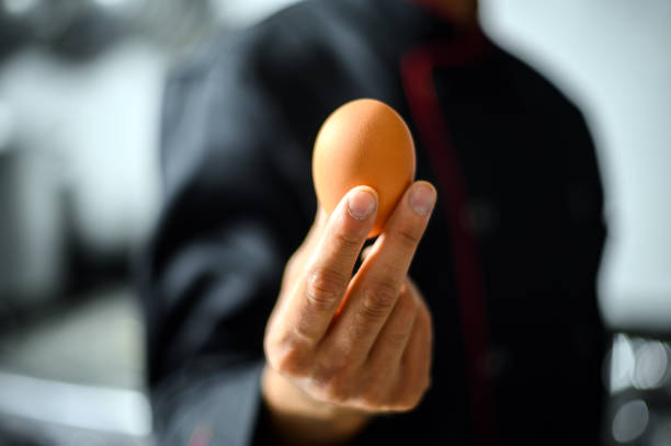 Primo piano di uno chef che tiene in mano un uovo - foto stock