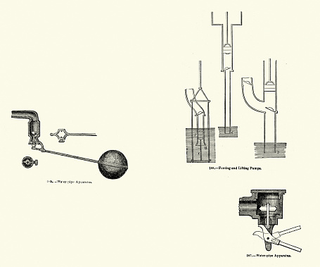 Vintage illustration Water pipe, ballcock valve, forcing and lifting pumps, 19th Century