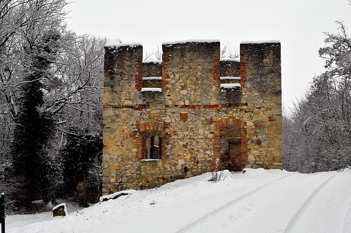 Austria, snow-covered ruins of the Leopold Chapel from the 17th century in the Mannersdorf Wueste nature reserve