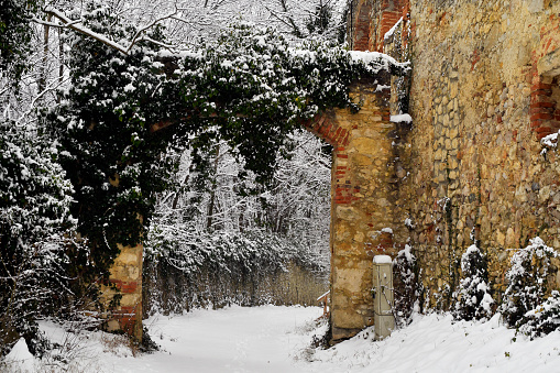 Austria, snow-covered ruins of the Leopold Chapel from the 17th century in the Mannersdorf Wueste nature reserve